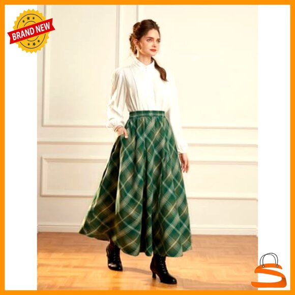 Long Plaid High Waist A-Line Pleated Maxi Skirt with Pockets - Picture 5 of 7
